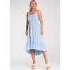 Dámské světle modré bavlněné šaty s proužky a třásněmi