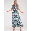 Bílo-modré vzorované letní maxi šaty s páskem