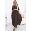 Čokoládově hnědé boho maxi šaty s odhalenými rameny a pleteným páskem