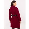 Vínový dámský kabát s kapsami a páskem