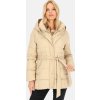 Světle béžová dámská krátká péřová bunda s kapucí a zavazováním