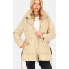 Světle béžová dámská krátká péřová bunda s kapucí a zavazováním