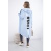 Světle modrý dámský ležérní kardigan s kapucí a potiskem na zádech