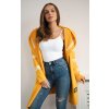 Hořčicový dámský kardigan s nápisy a kapucí