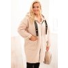 Světle béžový stylový dámský plus size teddy kabátek na zip s kapucí