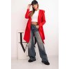 Červený ležérní dámský asymetrický kardigan s kapucí a kapsami