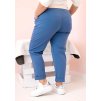 Modré dámské bavlněné plus size kalhoty s páskem
