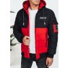 Černo-červená pánská zimní prošívaná bunda s kapucí