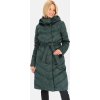 Tmavě zelený dámský zimní prošívaný kabát s vázáním v pase
