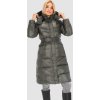 Khaki dámský dlouhý péřový kabát s páskem