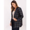 Tmavě modrý dámský viskózový károvaný blejzr s ramenními vycpávkami