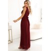 Vínové dlouhé večerní třpytivé šaty s hlubokým výstřihem