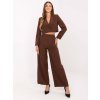 Hnědý dámský elegantní komplet s crop sakem a širokými kalhotami
