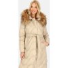 Smetanový dámský prošívaný kabát s přírodní kožešinou