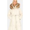 Smetanový dámský péřový kabát s ozdobným páskem
