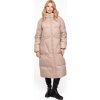 Béžová dámská dlouhá péřová prošívaná bunda na zip s kapucí