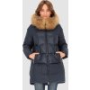 Tmavě modrá dámská asymetrická péřová bunda s prošíváním