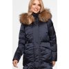 Tmavě modrá dámská péřová bunda s přírodní kožešinou