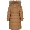 Camel dámský péřový prošívaný kabát s kožešinou na kapuci