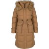Camel dámský péřový prošívaný kabát s kožešinou na kapuci