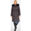 Tmavě šedý dámský péřový prošívaný kabát s kožešinou na kapuci