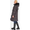 Tmavě šedý dámský péřový prošívaný kabát s kožešinou na kapuci