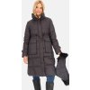 Tmavě šedý dámský péřový prošívaný kabát s kožešinou na kapuci