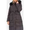 Tmavě šedý dámský péřový prošívaný kabát s kožešinou na kapuci
