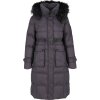 Tmavě šedý dámský péřový prošívaný kabát s kožešinou na kapuci