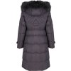 Tmavě šedý dámský péřový prošívaný kabát s kožešinou na kapuci