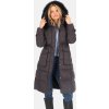 Tmavě šedý dámský péřový prošívaný kabát s kožešinou na kapuci