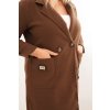 Čokoládově hnědý dámský elegantní plus size kabát  s límcem a velkými kapsami