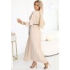 Tmavě béžové plisované maxi šaty s výstřihem a páskem SARAH (Velikost ONE SIZE)
