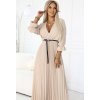 Tmavě béžové plisované maxi šaty s výstřihem a páskem SARAH (Velikost ONE SIZE)