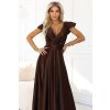Čokoládově hnědé dlouhé lesklé šaty s výstřihem