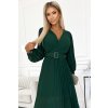 Skládané tmavě zelené šifonové šaty s dlouhými rukávy a páskem KLARA