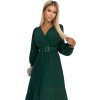 Skládané tmavě zelené šifonové šaty s dlouhými rukávy a páskem KLARA