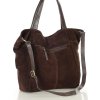 MARCO MAZZINI velká semišová kožená shopper kabelka s kapsou tmavě hnědá
