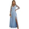 Numoco LORETTA dlouhé šaty s tylovými rukávy a výstřihem světle modré