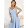 Numoco LORETTA dlouhé šaty s tylovými rukávy a výstřihem světle modré