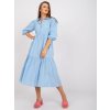 Modré midi šaty s balonovými rukávy (Velikost S)
