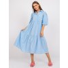 Modré midi šaty s balonovými rukávy (Velikost S)