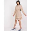 Béžové řasené mini šaty s dlouhými rukávy