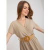 Béžové letní midi šaty s krátkým rukávem a volánem