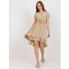 Béžové letní midi šaty s krátkým rukávem a volánem