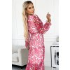 Růžové vzorované šaty s výstřihem a dlouhým rukávem ENRICA