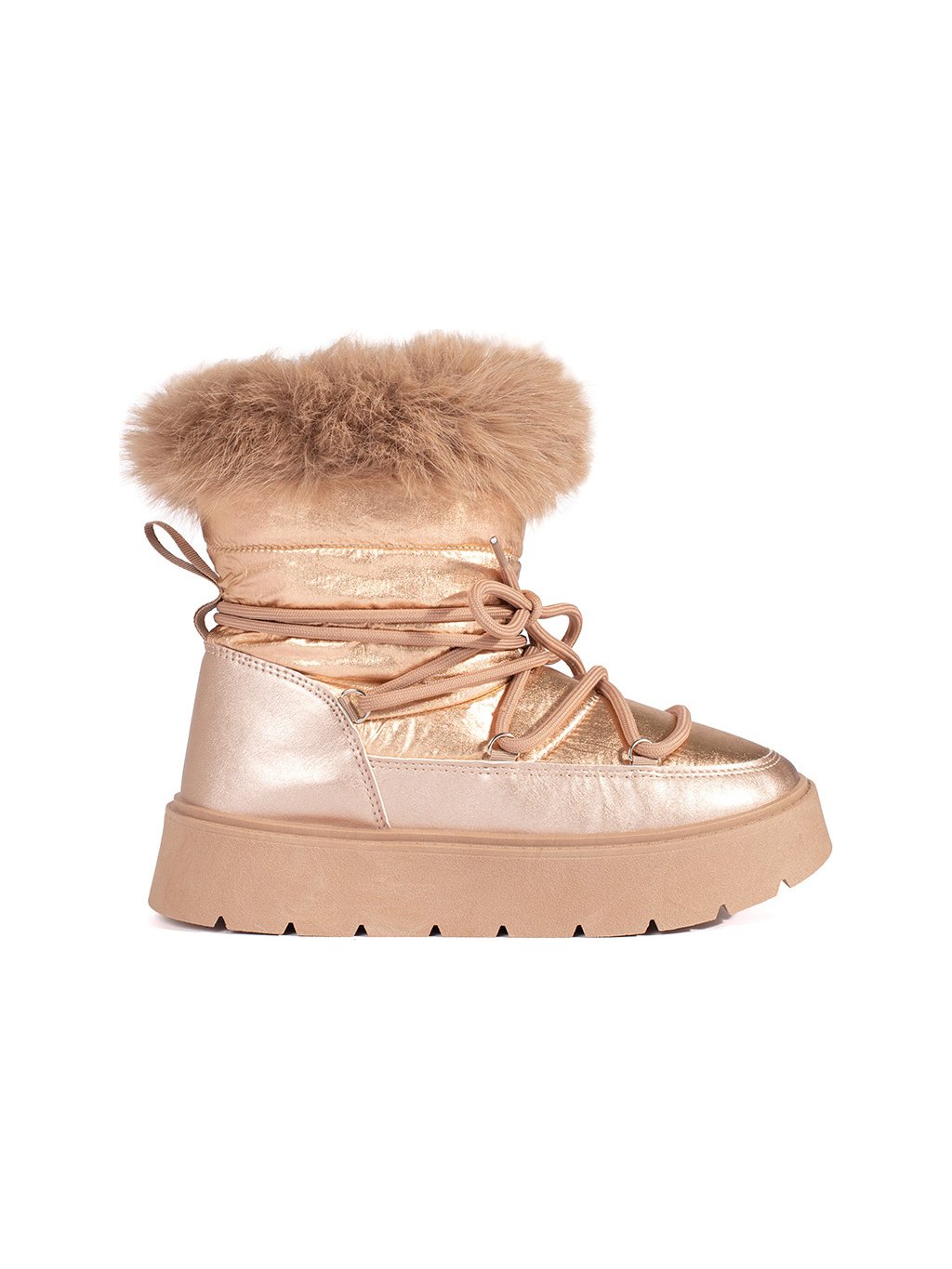 Aranyszínű női hótaposó szőrmével, vastag talpon