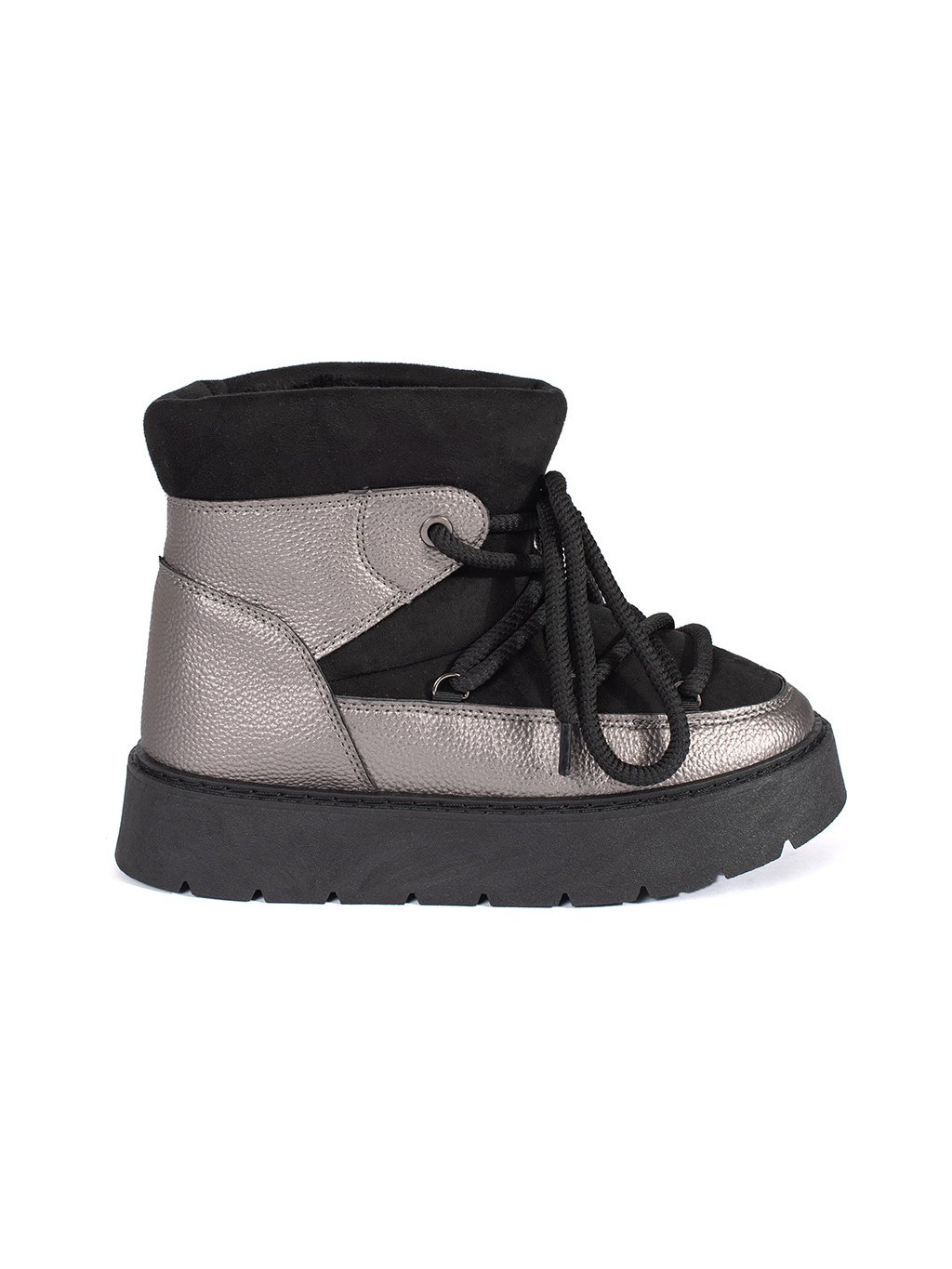 Női fekete és ezüst fűzős hótaposó vastag talpon