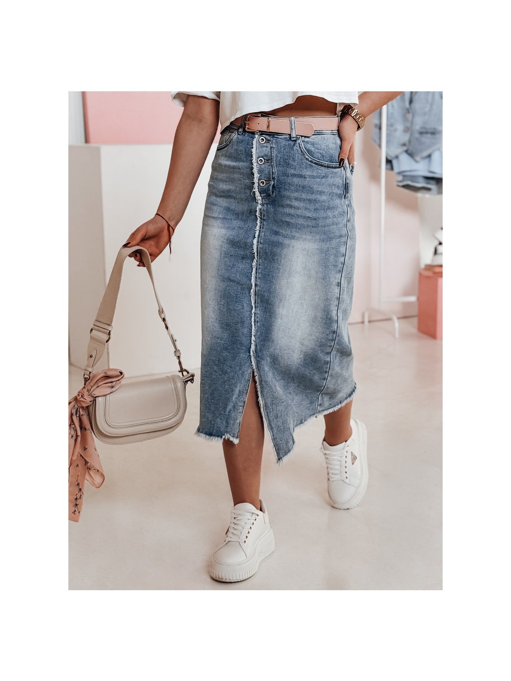 Világoskék farmer midi szoknya hasítékkal VINTAGO