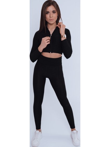 Fekete női strukturált leggings és pulóver szett cipzárral